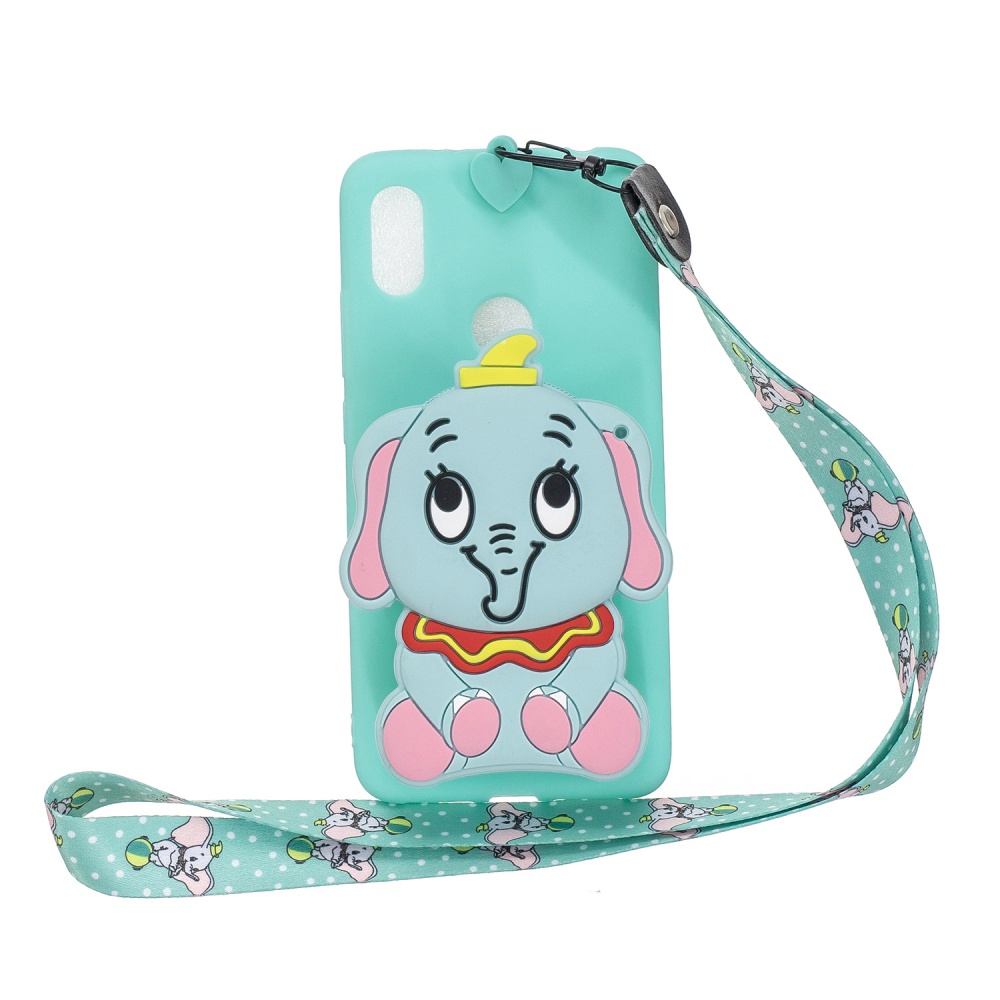 For HUAWEI Y6 2019 Y7 Y9 Cartoon Full Protective TPU Mobile Phone Cover with Mini Coin Purse+Cartoon Hanging Lanyard 2 light blue elephant - Image 2