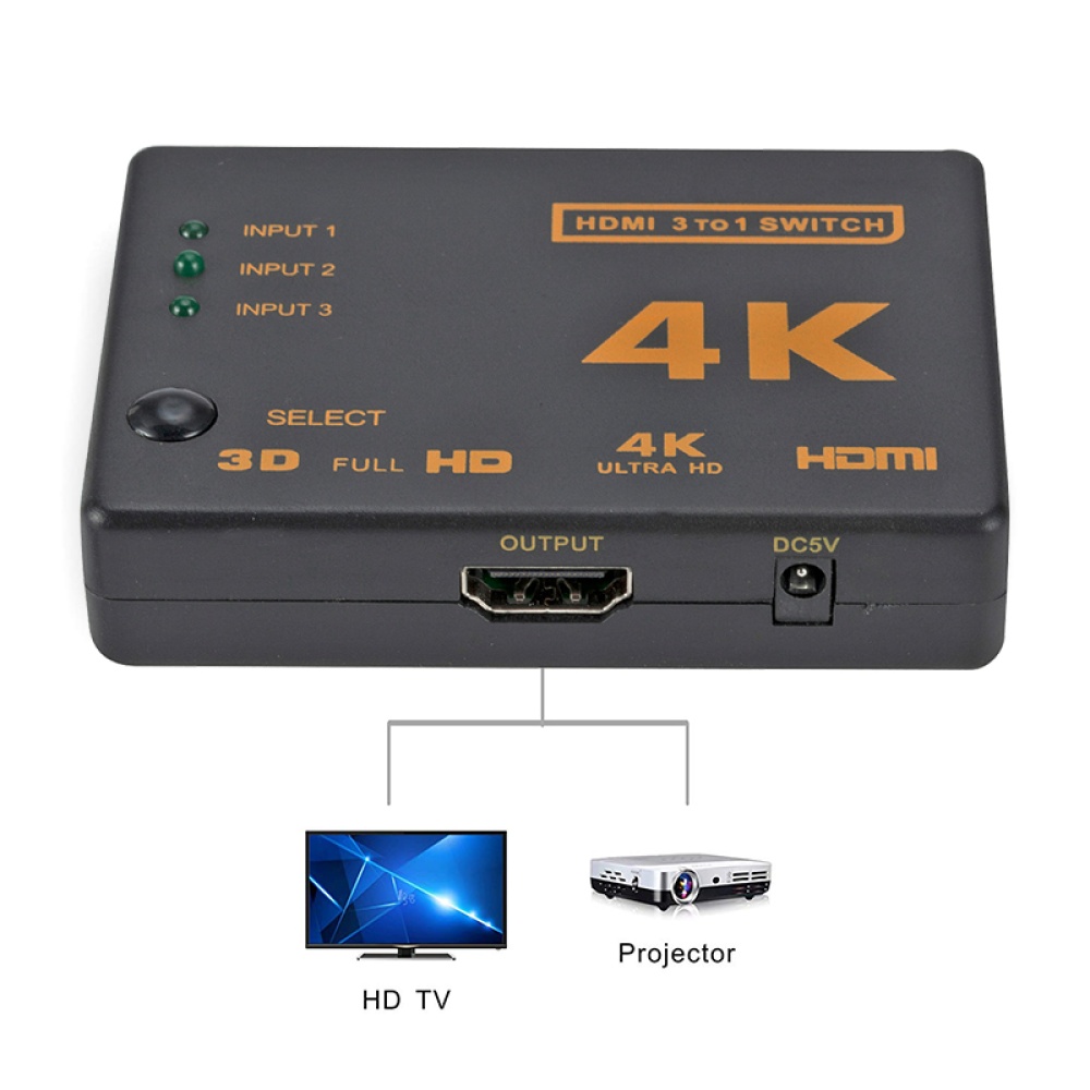 3 Port HDMI Splitter Switcher In 1 Out Hub Box +Remote Auto Switch 1080P HD black_3 ports - Image 2