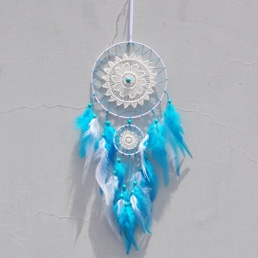 Home Dream Catcher Blue Sea Two Circles Hanging Pendant Indian Handmade Feather Wind Chimes blue