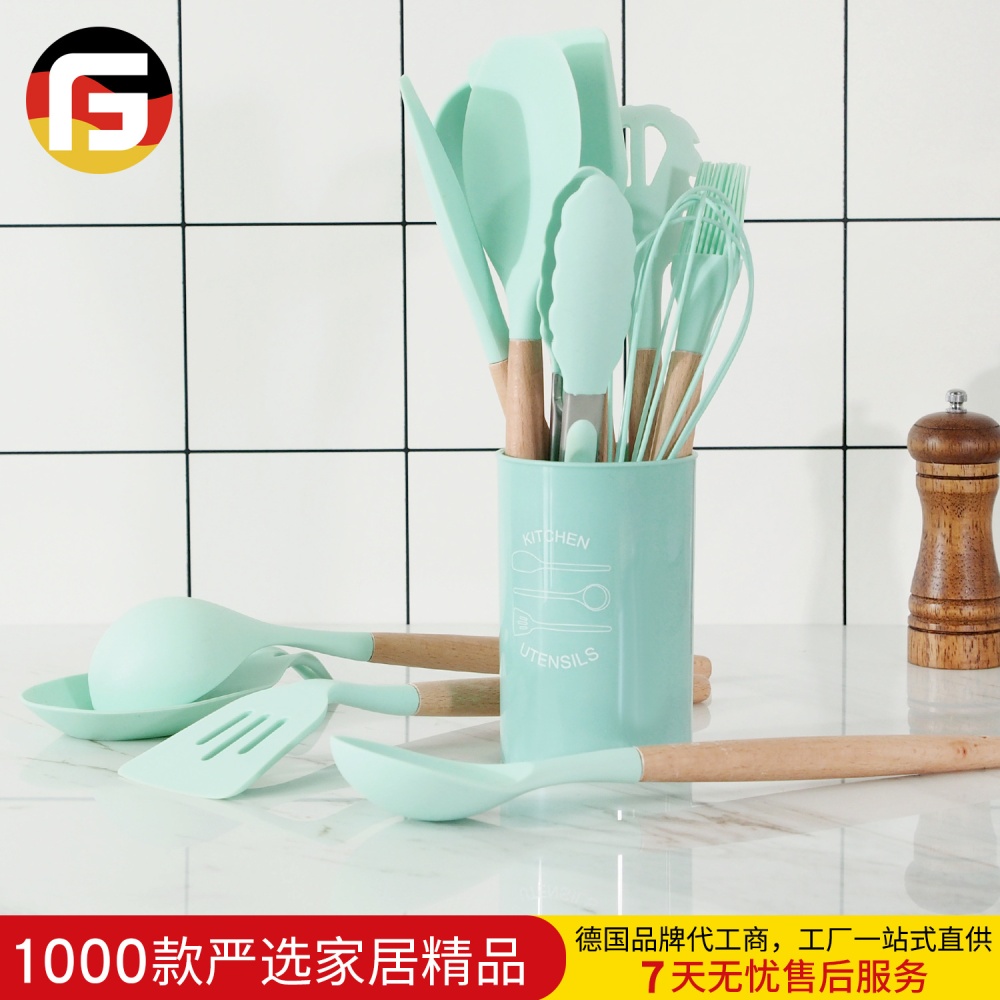 13Pcs/set Silicone Kitchenware Wooden Handle Cooking Kitchen Tools with Storage Bucket As shown_13-piece set - Image 3