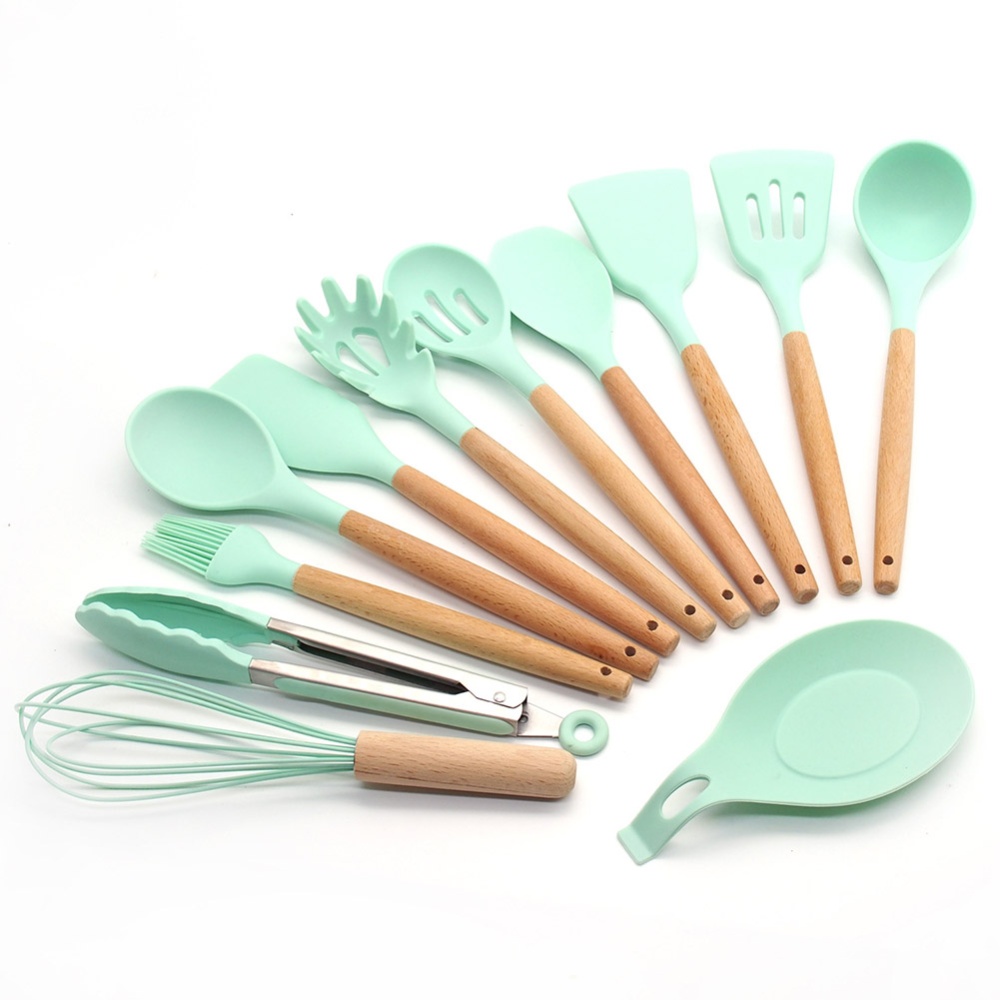 13Pcs/set Silicone Kitchenware Wooden Handle Cooking Kitchen Tools with Storage Bucket As shown_13-piece set - Image 2