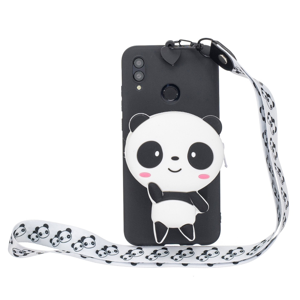 For HUAWEI Y6 2019 Y7 Y9 Cartoon Full Protective TPU Mobile Phone Cover with Mini Coin Purse+Cartoon Hanging Lanyard 4 black pandas - Image 2