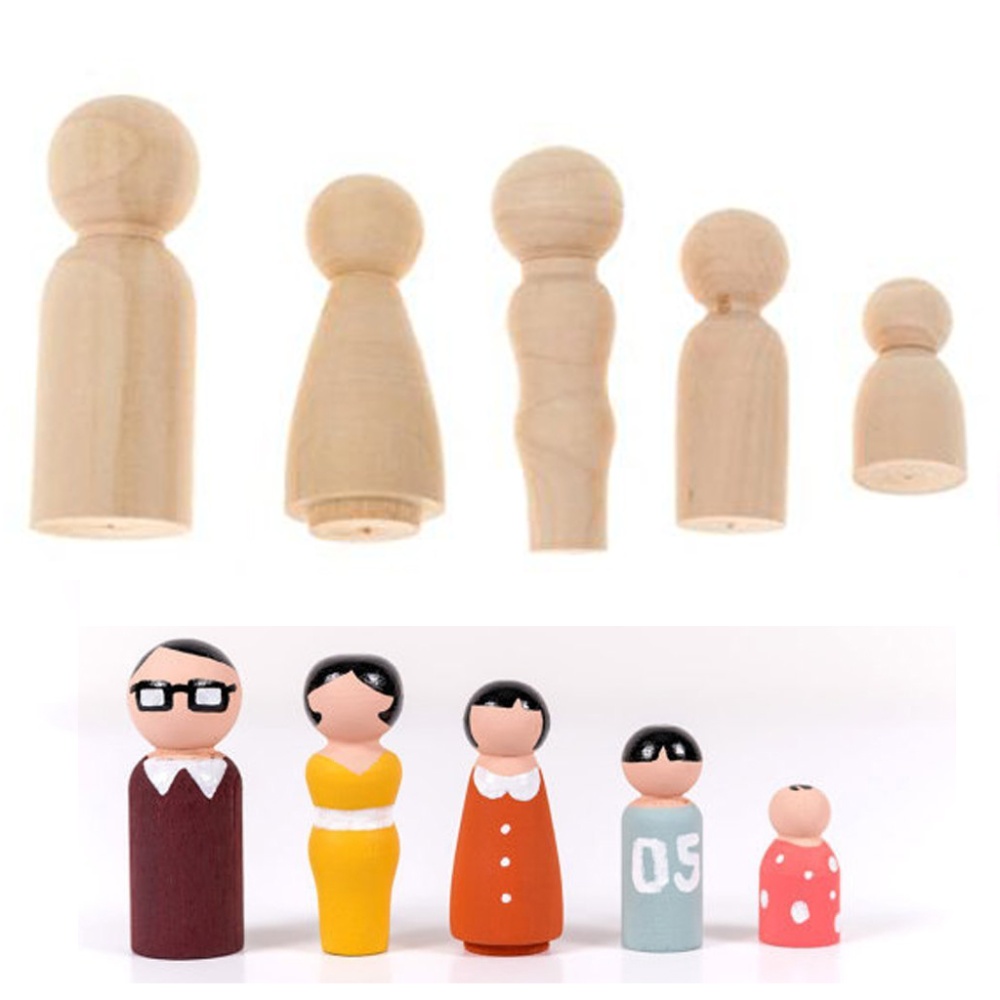 Family Peg Dolls Wooden Unpainted DIY Decor Wedding Cake Topper Home Ornament Kids Toys Crafts 5PCS/Set