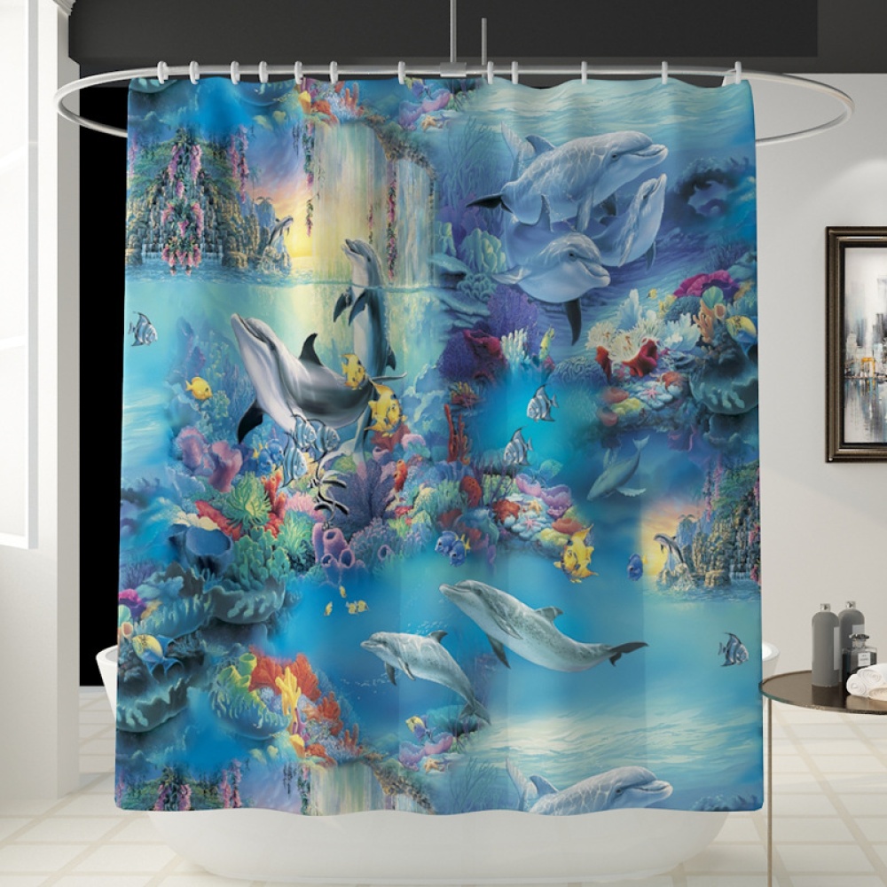 Dolphin Printing Shower Curtain/Toilet Lid Cover Bath Mat for Bathroom YL468_Shower curtain - Image 2