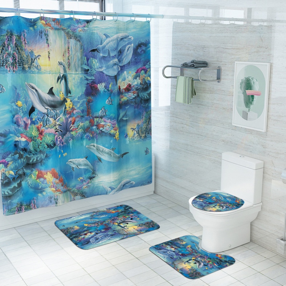 Dolphin Printing Shower Curtain/Toilet Lid Cover Bath Mat for Bathroom YL468_Shower curtain - Image 3