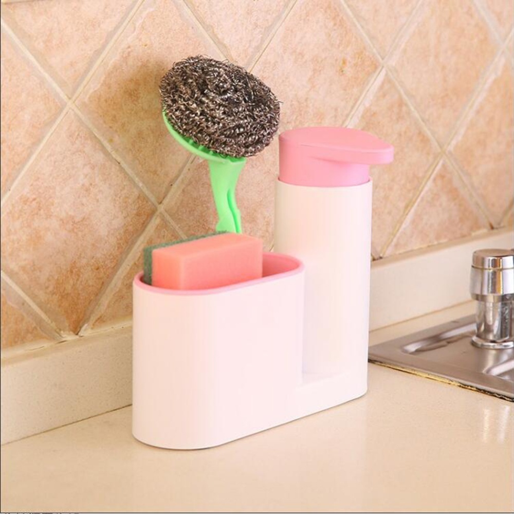 Multifunction Soap Liquid Dispenser Sponge Drain Stoarge Rack for Kitchen Bathroom Pink