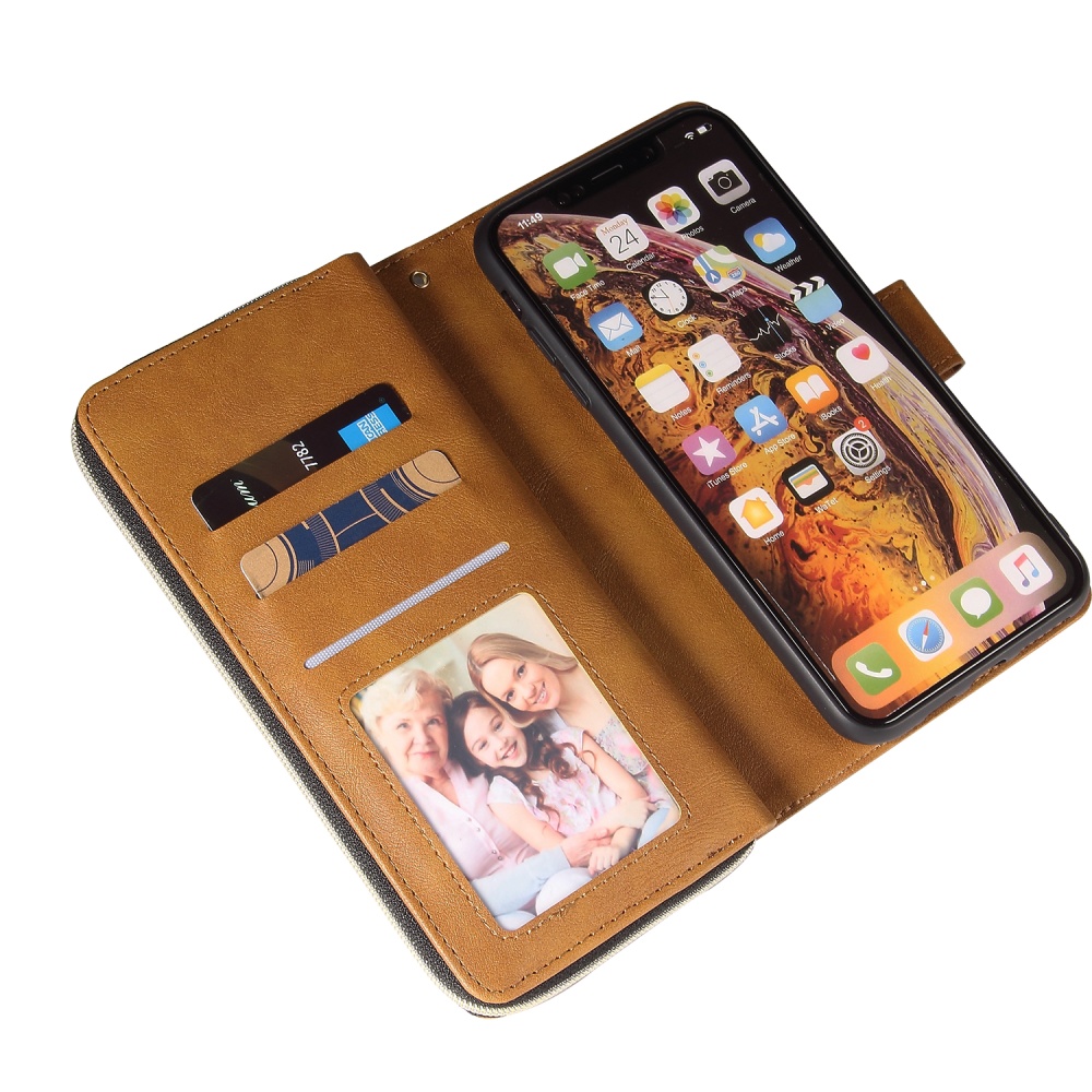 For iphone X/XS/XS MAX/11/11Pro Pu Leather Mobile Phone Cover Zipper Card Bag + Wrist Strap brown - Image 2