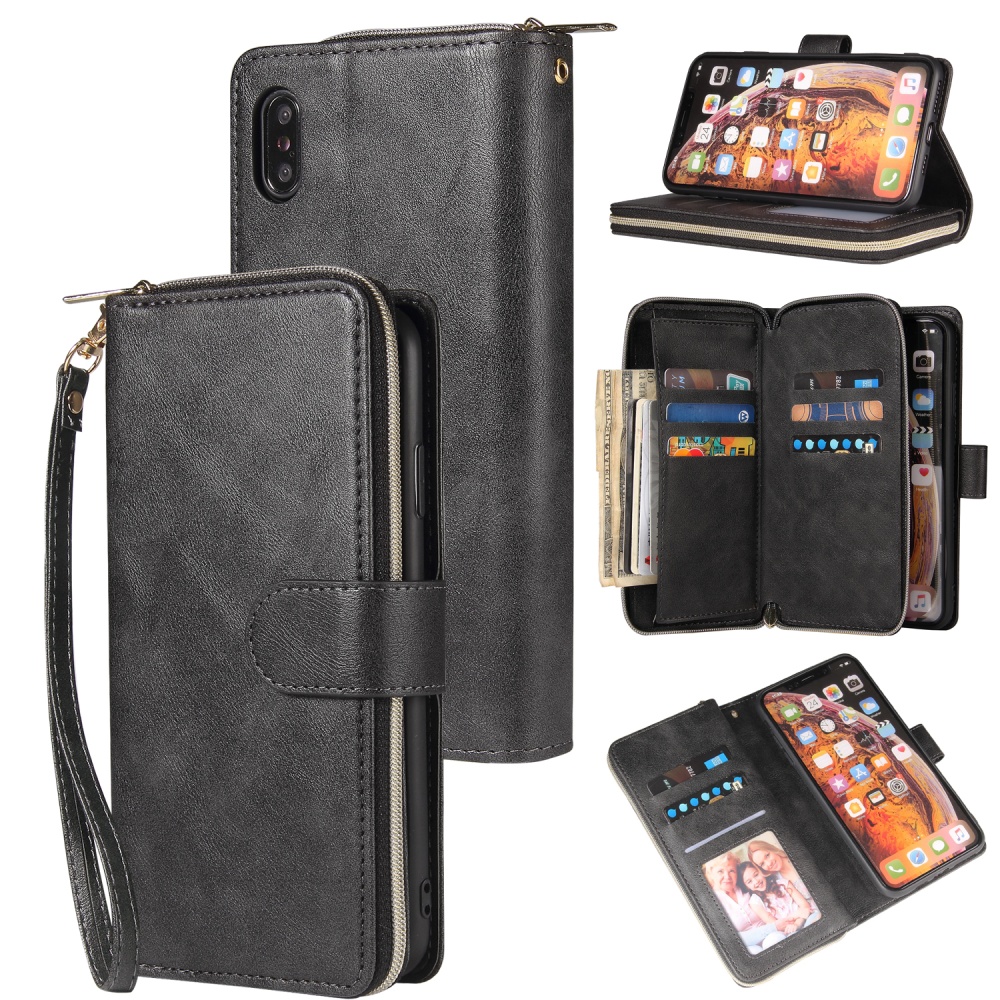 For iphone X/XS/XS MAX/11/11Pro Pu Leather Mobile Phone Cover Zipper Card Bag + Wrist Strap black - Image 2