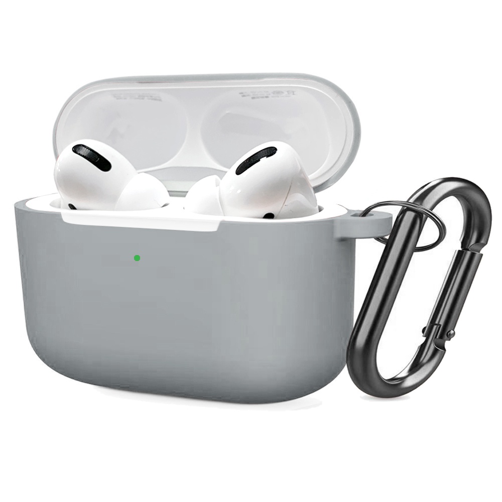 Soft Silicone Case for Airpods Pro Shockproof Hook Protective Bags With Keychain Earbuds Cover light grey - Image 2