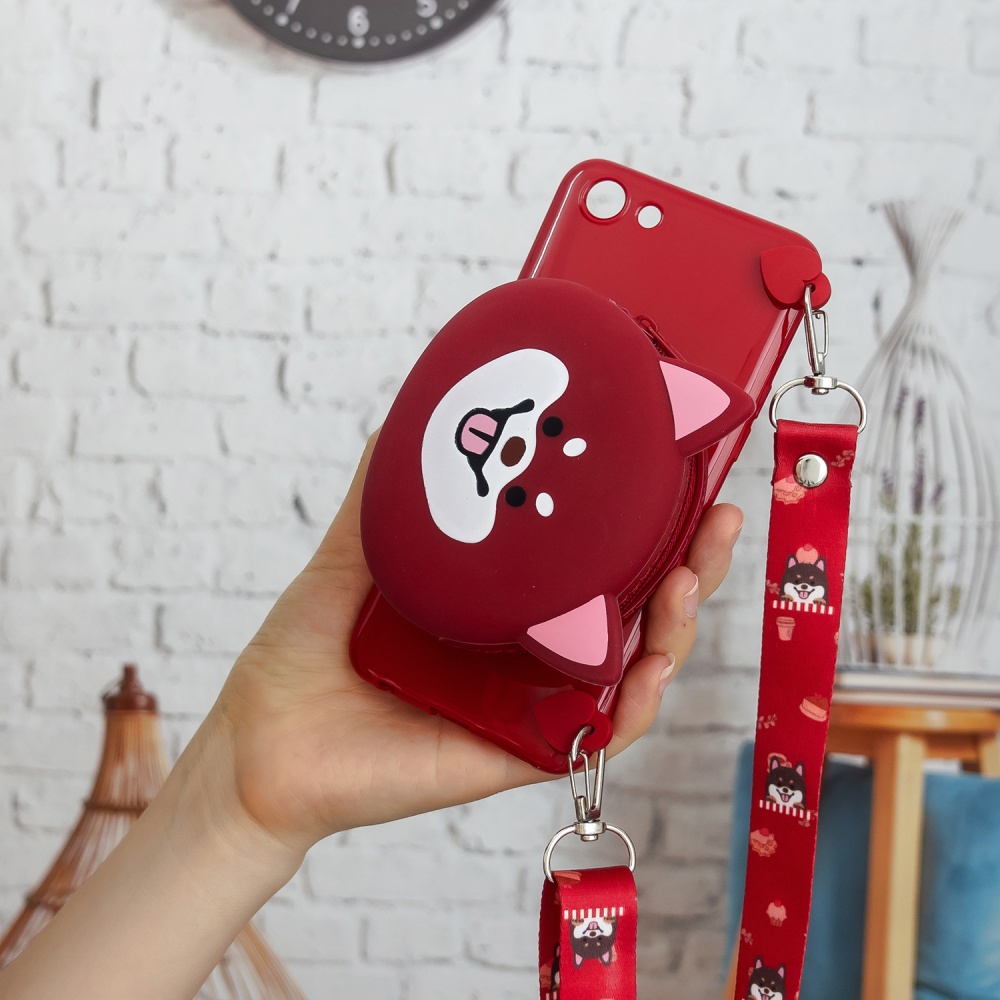 For OPPO A83/A9 2020 Cellphone Case Mobile Phone TPU Shell Shockproof Cover with Cartoon Cat Pig Panda Coin Purse Lovely Shoulder Starp Red - Image 2