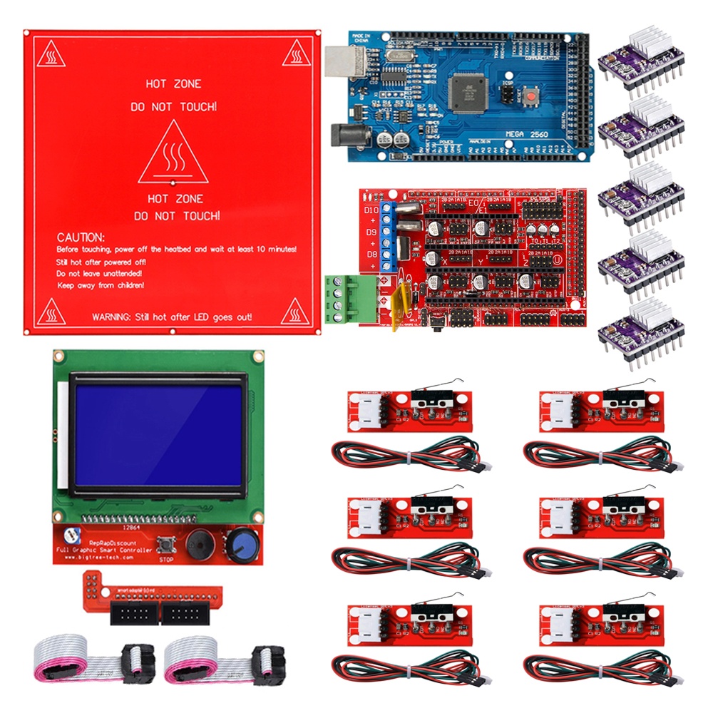 Reprap Ramps 1.4 Kit with Mega 2560 r3 + Heatbed MK2B 12864 LCD Controller DRV8825 +Mechanical Switch +Cables for 3D Printer 1 set