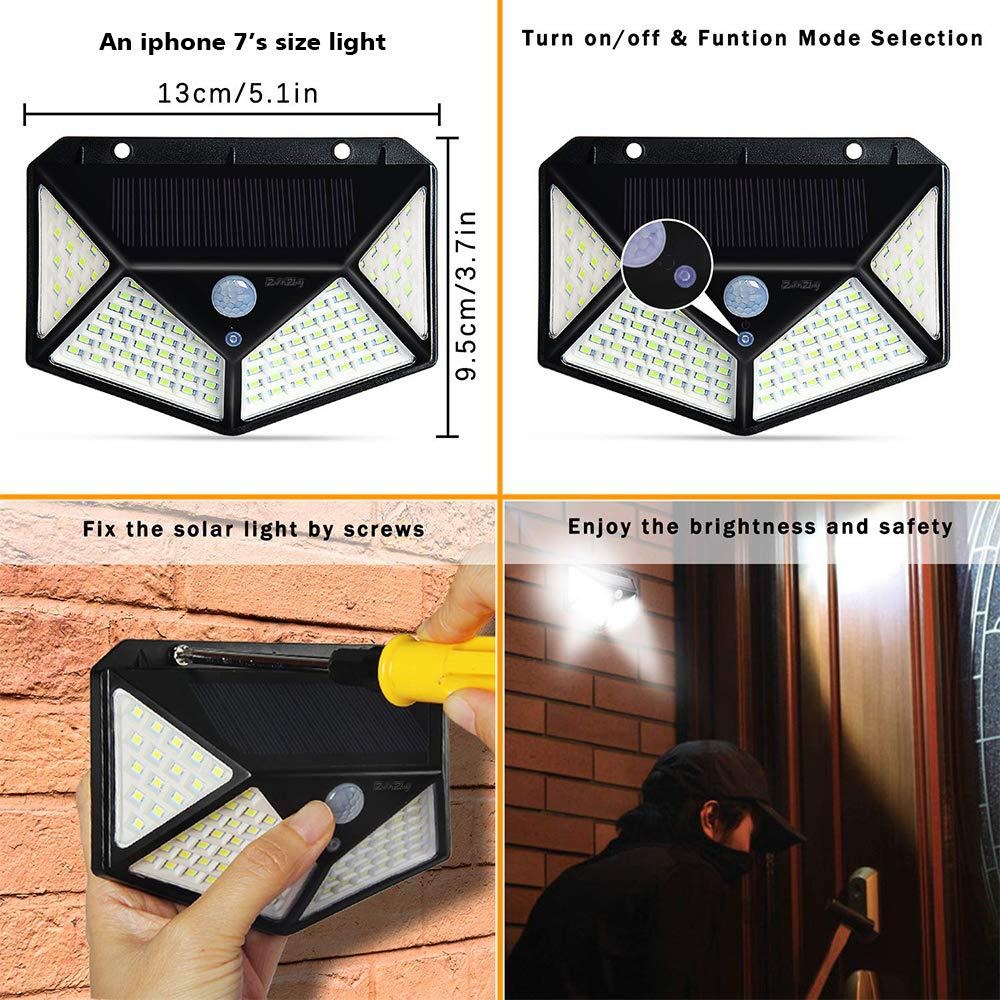 100LEDs Solar Light Outdoor 3Modes 4Sides Lighting Motion Sensor Wall Lamp White light_Black case - Image 2