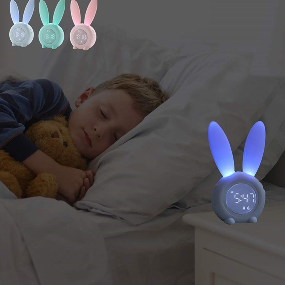 Cartoon Bunny Shape Kids Alarm Clock Sleep Trainer Rechargeable Night Light with Voice Control Magnetic Catche blue - Image 2