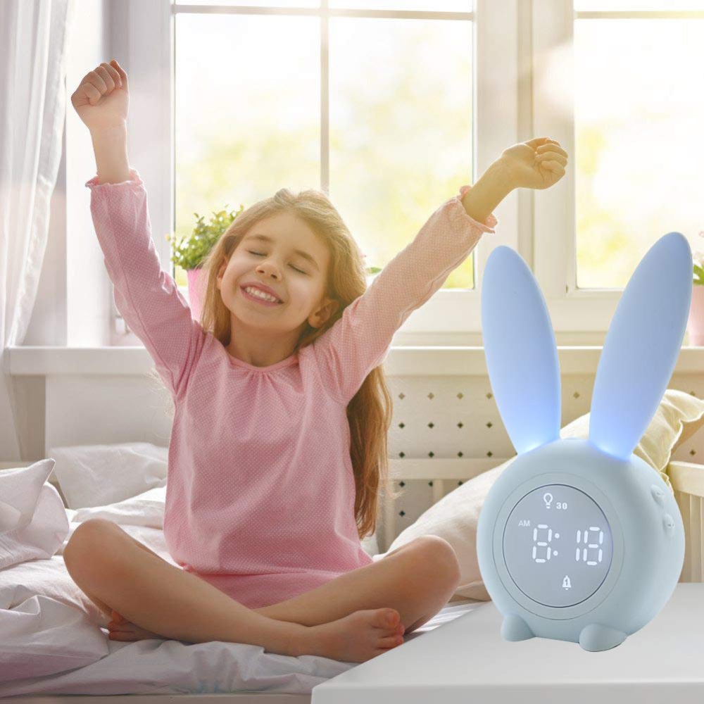 Cartoon Bunny Shape Kids Alarm Clock Sleep Trainer Rechargeable Night Light with Voice Control Magnetic Catche blue - Image 3