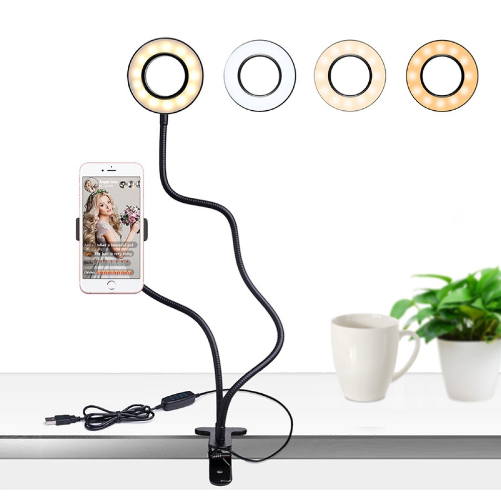 USB LED Live Streaming Supplement Light Cell Phone Holder Beauty Lamp with Adjustable 3 Color Modes Selfie Stand black - Image 3