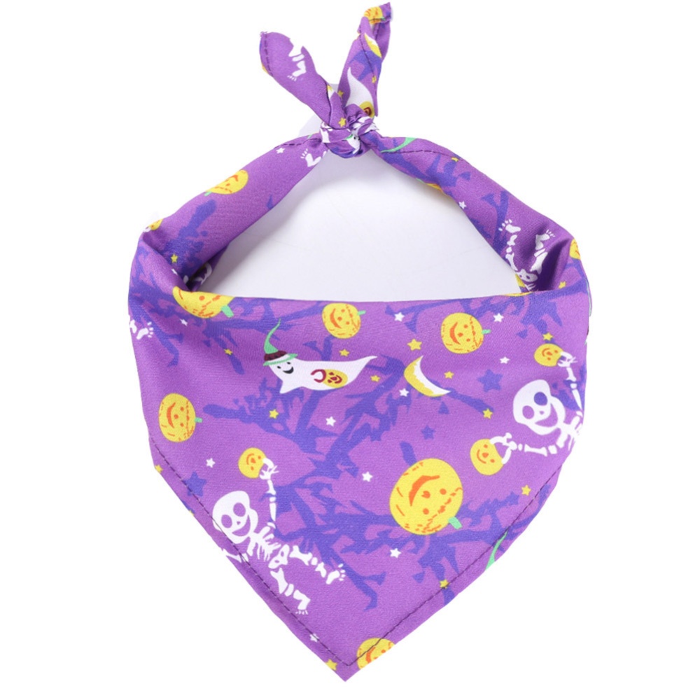 Decorative Scarf Printing Generic Pet Saliva Towel for Dogs and Cats 07 pumpkin with human bone on purple background (single layer)_Suitable - Image 2