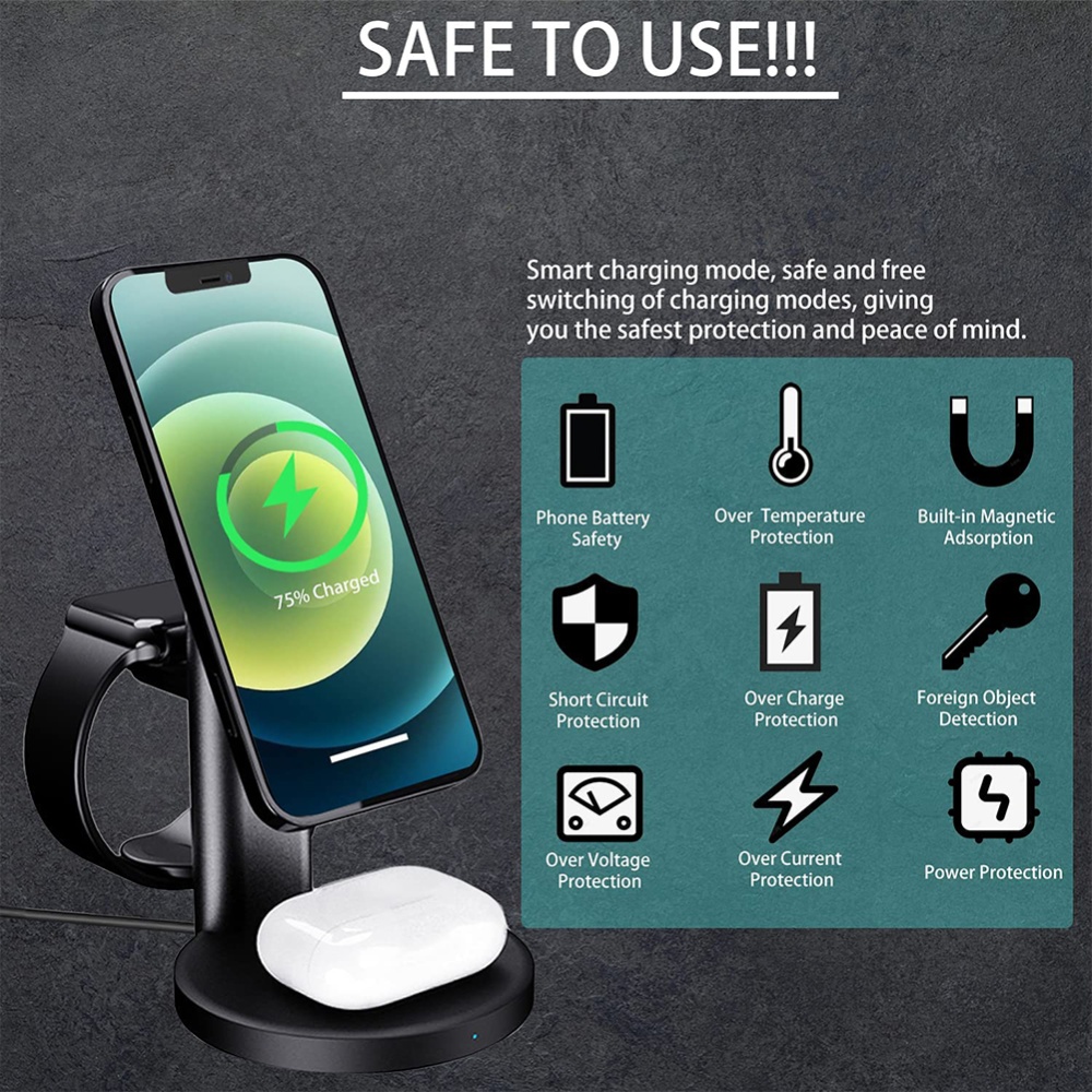 3-in-1 Magnetic Wireless Charger Charging Stand Base Fast Station Compatible With Iphone 13/12 / Pro Max Mini Black - Image 2