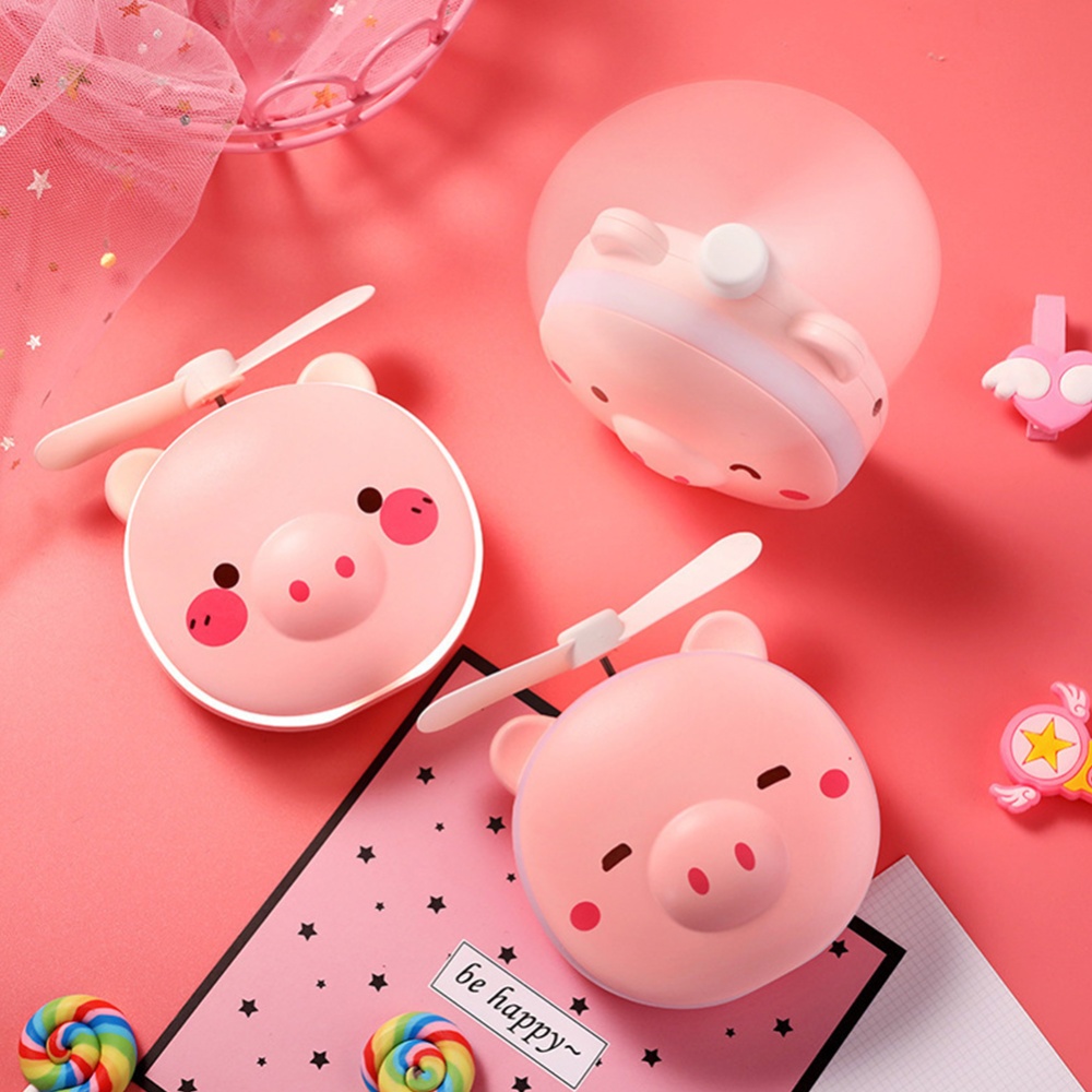 Women Girl Compact Cute Cartoon Pig Rechargeable USB Fan with Makeup Mirror LED Light