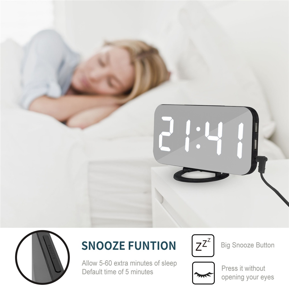 LED Mirror Electronic Alarm Clock Mini Cosmetic Bedside with Black Shell White light - Image 3