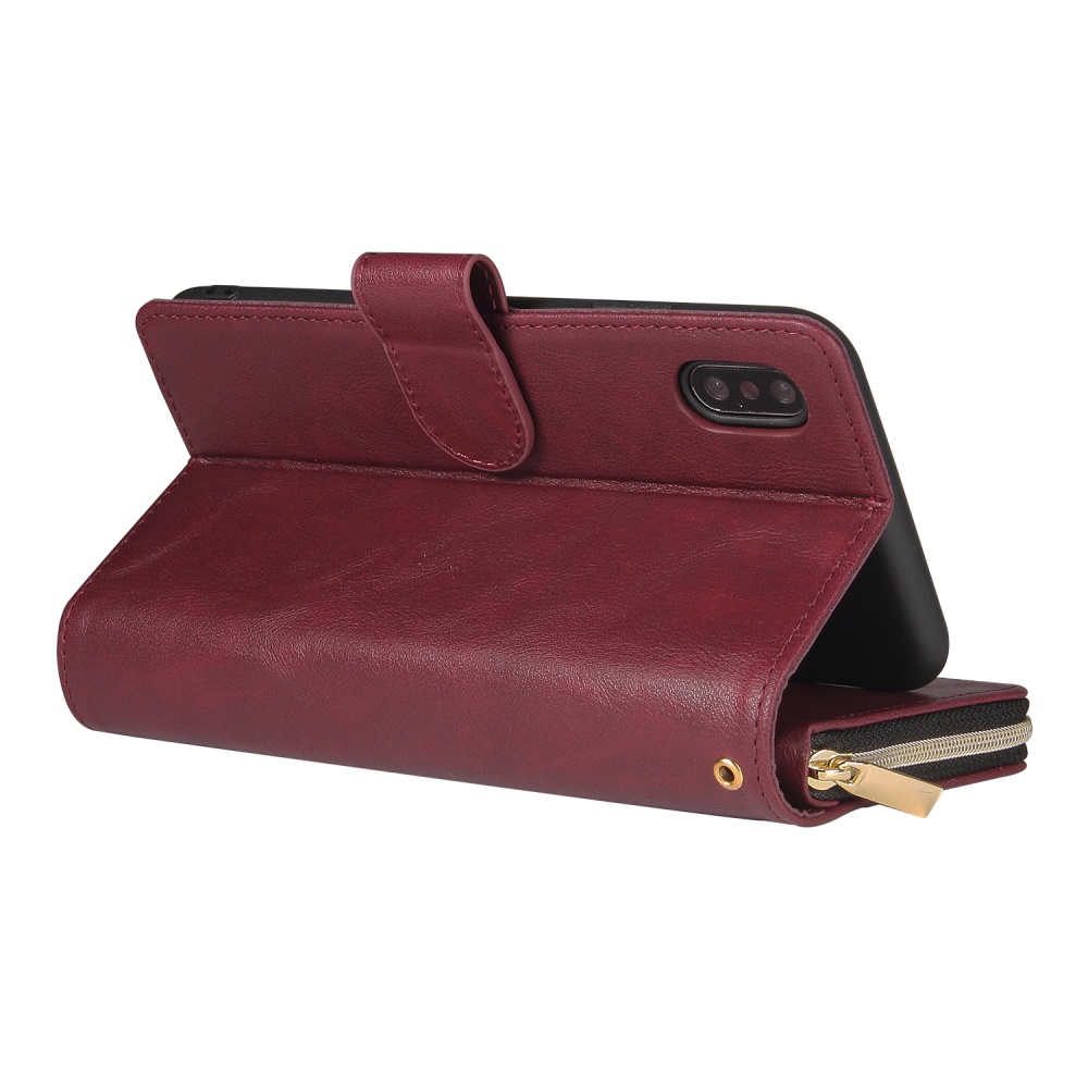 For iphone X/XS/XS MAX/11/11Pro Pu Leather Mobile Phone Cover Zipper Card Bag + Wrist Strap Red wine - Image 2