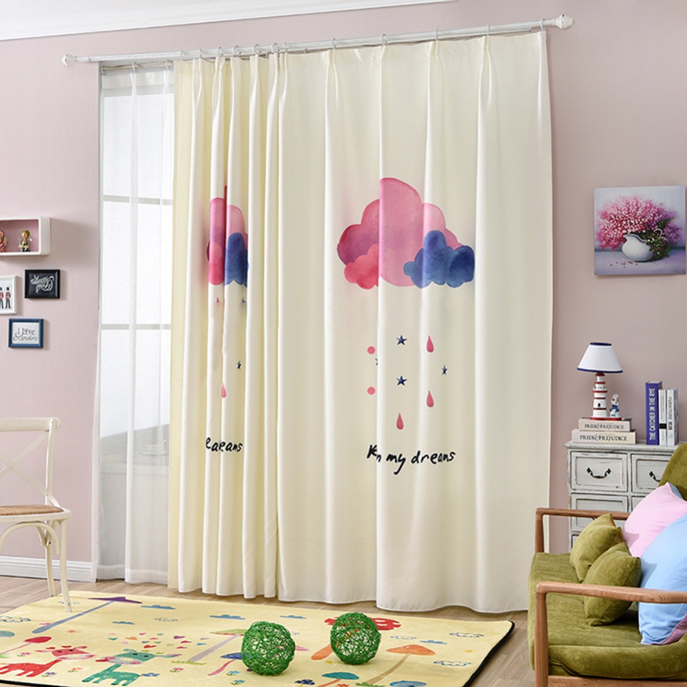 Cartoon Cloud Printing Window Curtain Cotton Linen Drapes for Kids Room Bedroom Living Clouds_2 meters wide * 2.6 high
