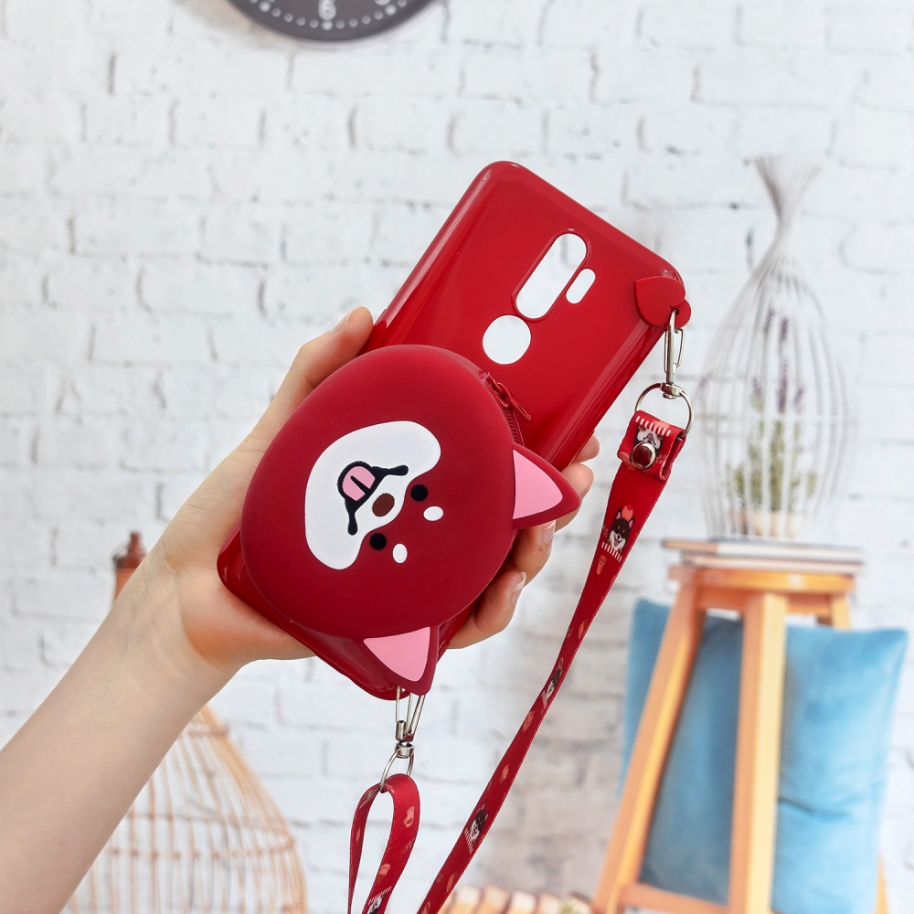 For OPPO A83/A9 2020 Cellphone Case Mobile Phone TPU Shell Shockproof Cover with Cartoon Cat Pig Panda Coin Purse Lovely Shoulder Starp Red - Image 2