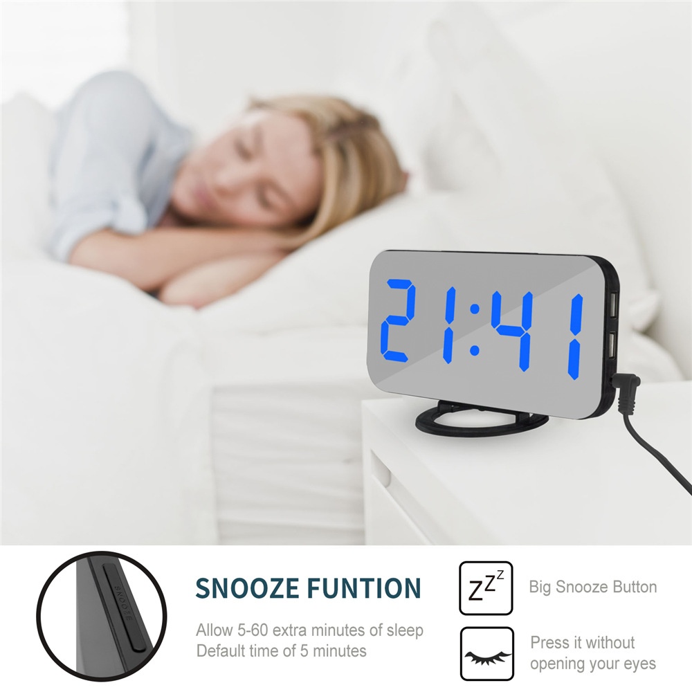 LED Mirror Electronic Alarm Clock Mini Cosmetic Bedside with Black Shell Blue light - Image 3