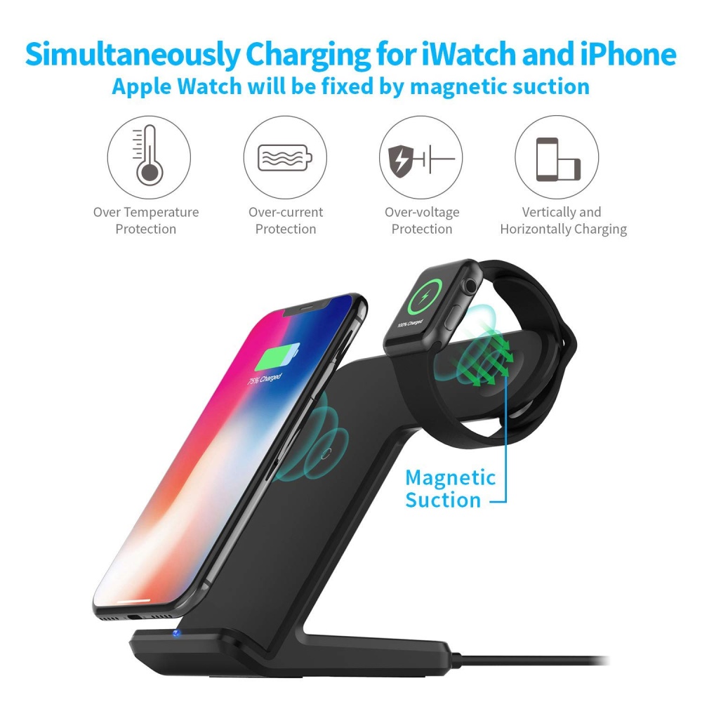 2 in 1 Wireless Charging for Apple Watch Qi Fast Charger Dock Stand Phone Black - Image 2