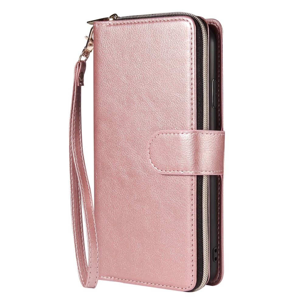 For iphone X/XS/XS MAX/11/11Pro Pu Leather Mobile Phone Cover Zipper Card Bag + Wrist Strap Rose gold - Image 2