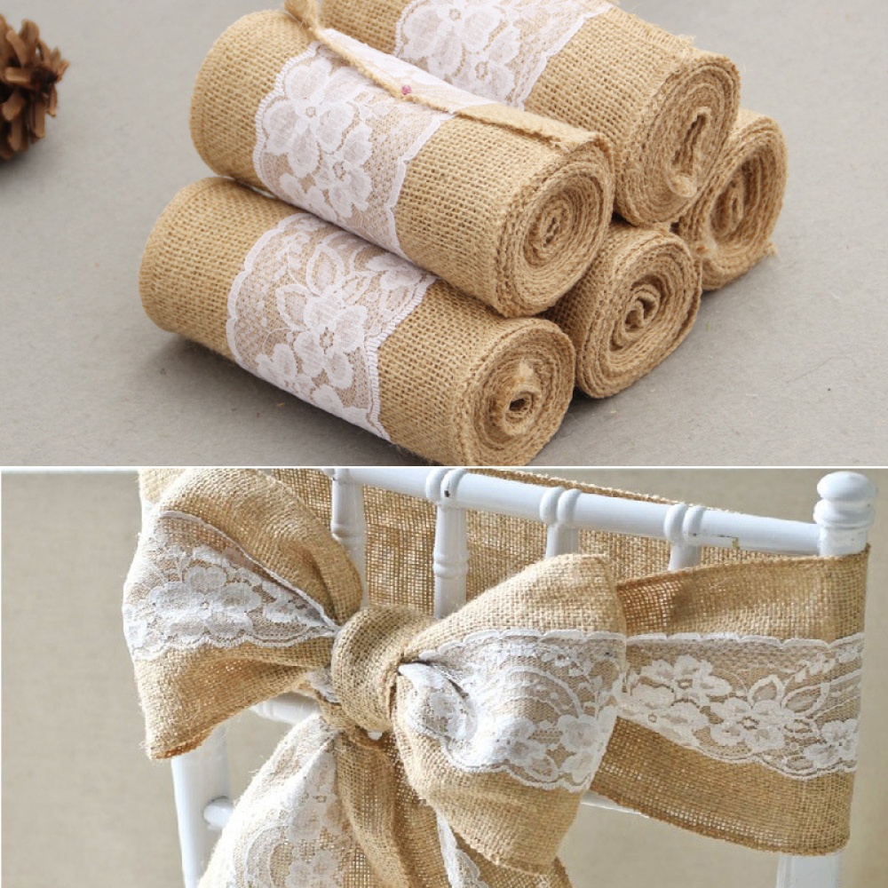 15*240 CM Vintage Jute Burlaps with White Lace Roll Craft Ribbon for Wedding Decoration in Table Runner Chair Sashes
