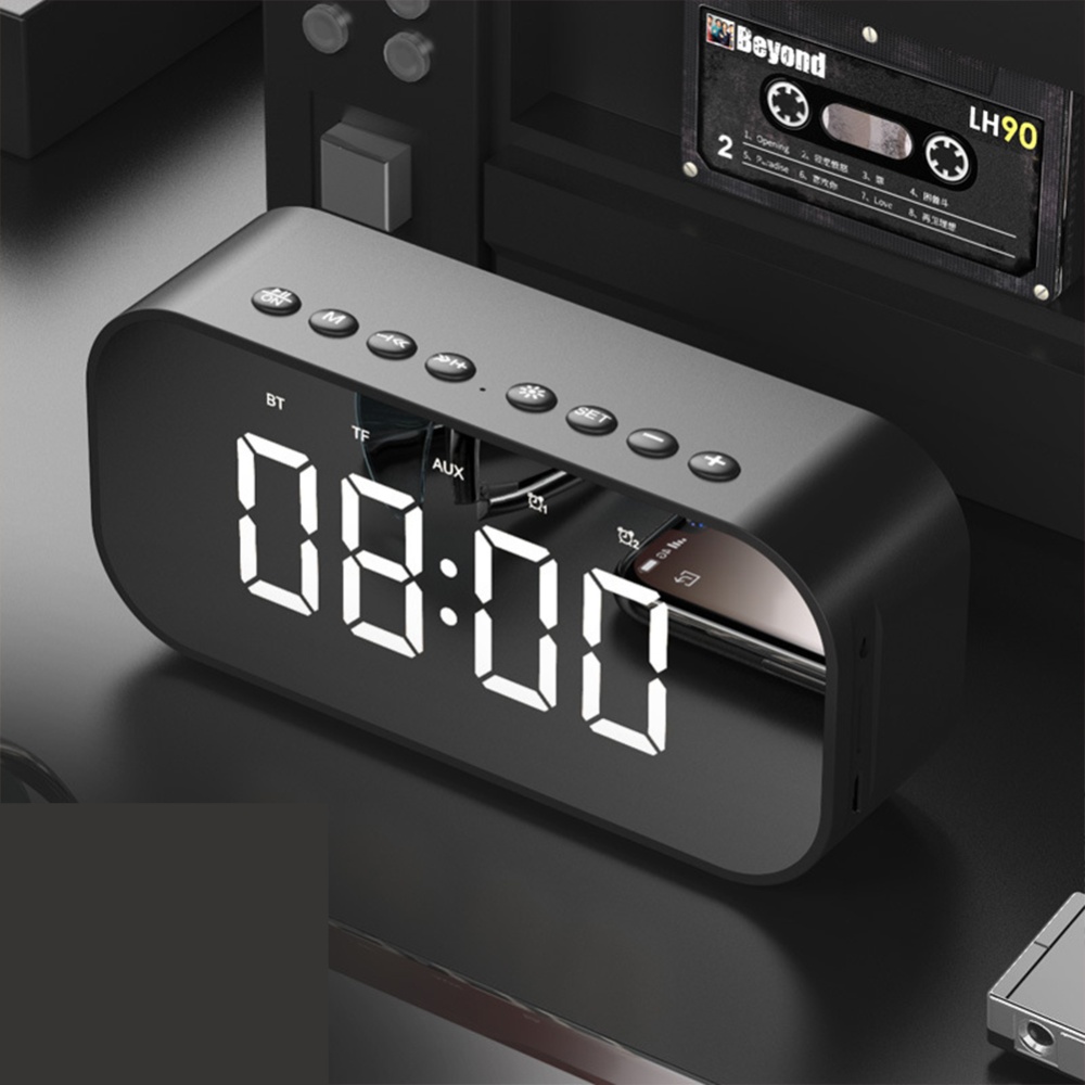 LED Wireless Bluetooth Speaker Mirror Screen Display Alarm Clock black - Image 3