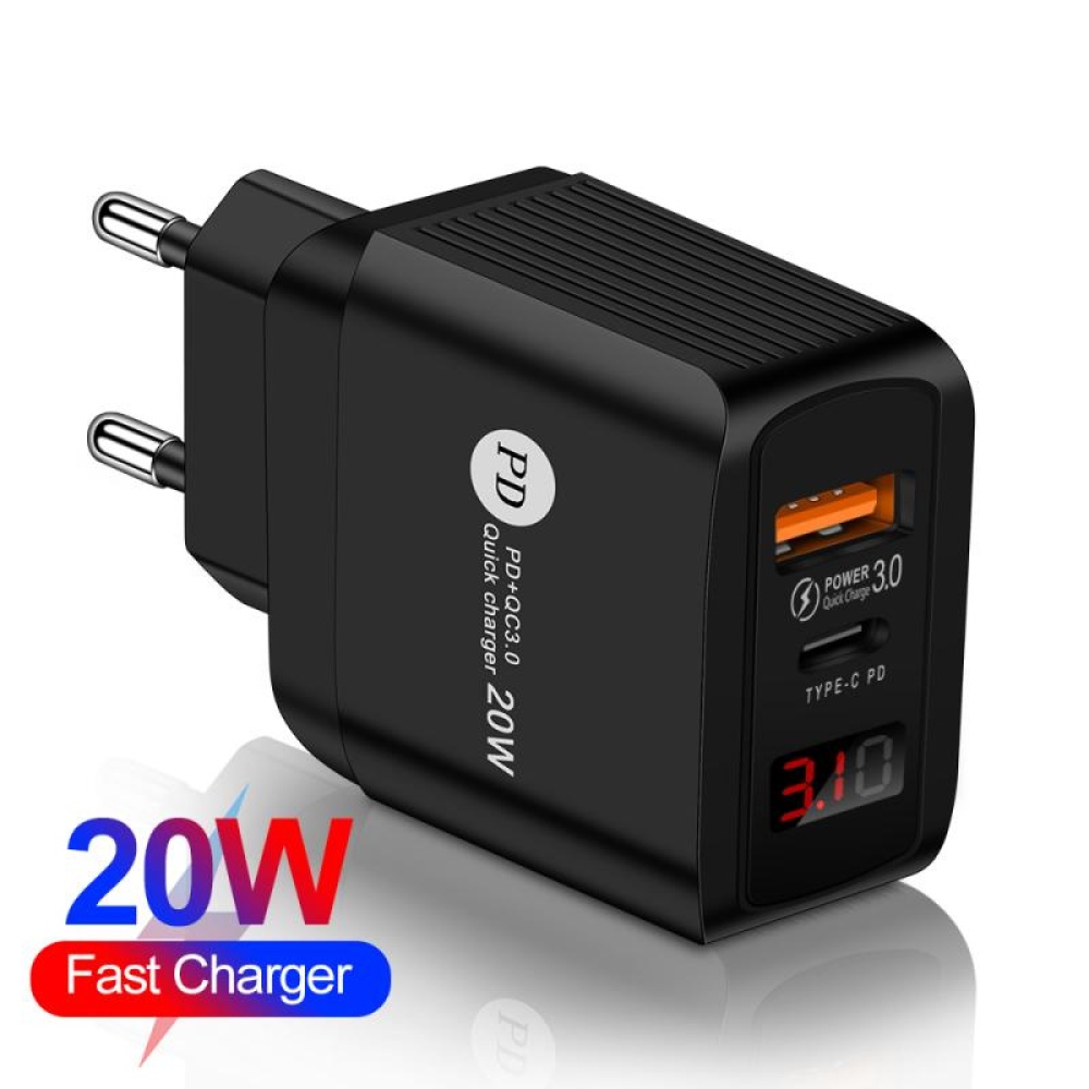 Mobile Phone Charging Head PD 20W+QC 3.0 Digital Display Dual Port Fast Charge Charger Black_US - Image 2