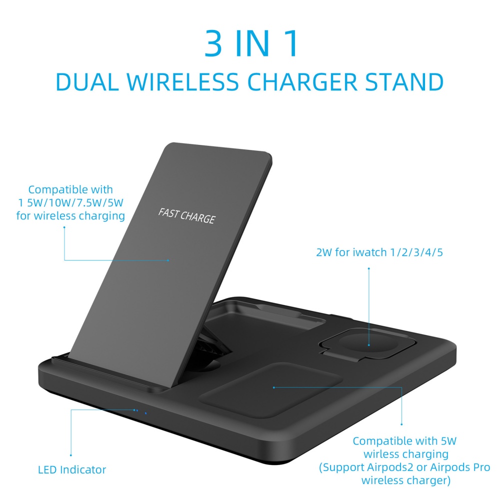 15w Fast Wireless Charger Stand for Iphone Airpods Watch 3-in-1 Folding Charging Dock Station Black - Image 2