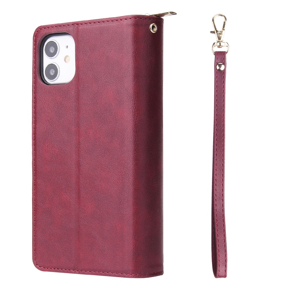 For iphone X/XS/XS MAX/11/11Pro Pu Leather Mobile Phone Cover Zipper Card Bag + Wrist Strap Red wine - Image 2