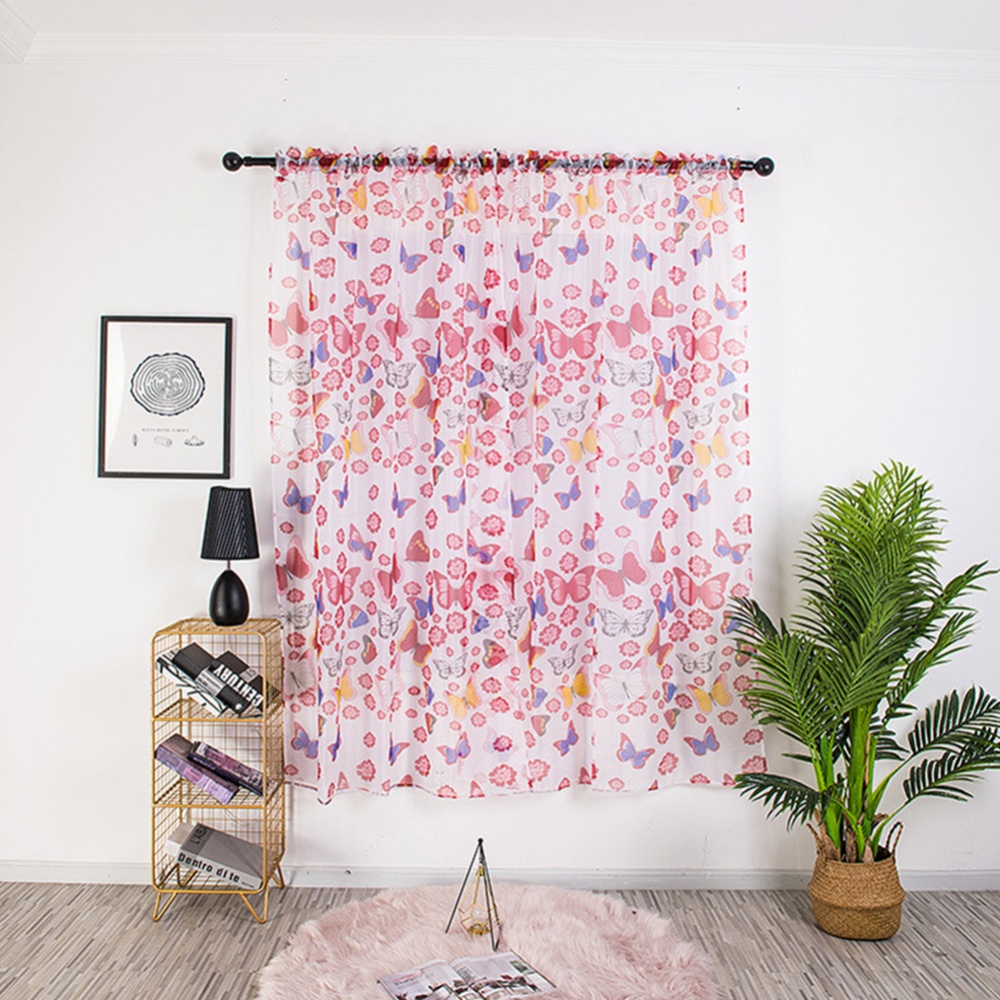 1PC 100*200cm Butterfly Printing Curtain Breathable Transmitting Drapes for Pole Style Red_1 * 2 meters high (90G) - Image 3