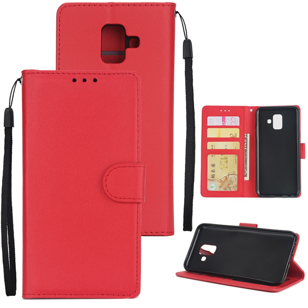 For Samsung A6 2018 Flip-type Leather Protective Phone Case with 3 Card Position Buckle Design Cover red - Image 2