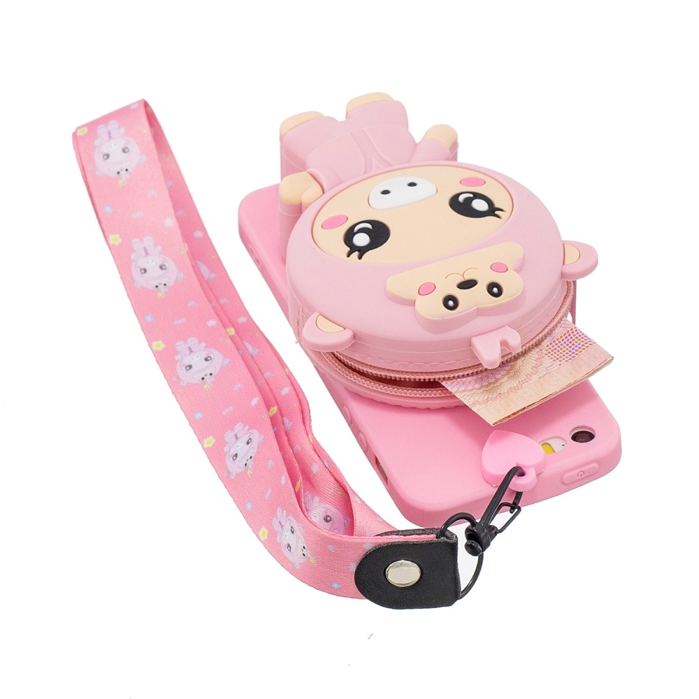 For Iphone 5 / 5S SE Cartoon Hanging Lanyard + Fall Resistant TPU Full Protective Mobile Phone Cover with Coin Purse 3 deep pink piglets - Image 2