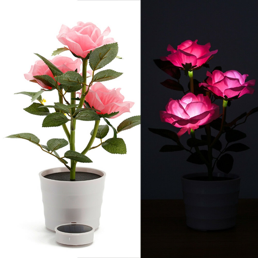 Solar Power 3 LED Rose Flower Lamp Landscape Night Light Sensor Home Decor Bright red - Image 3