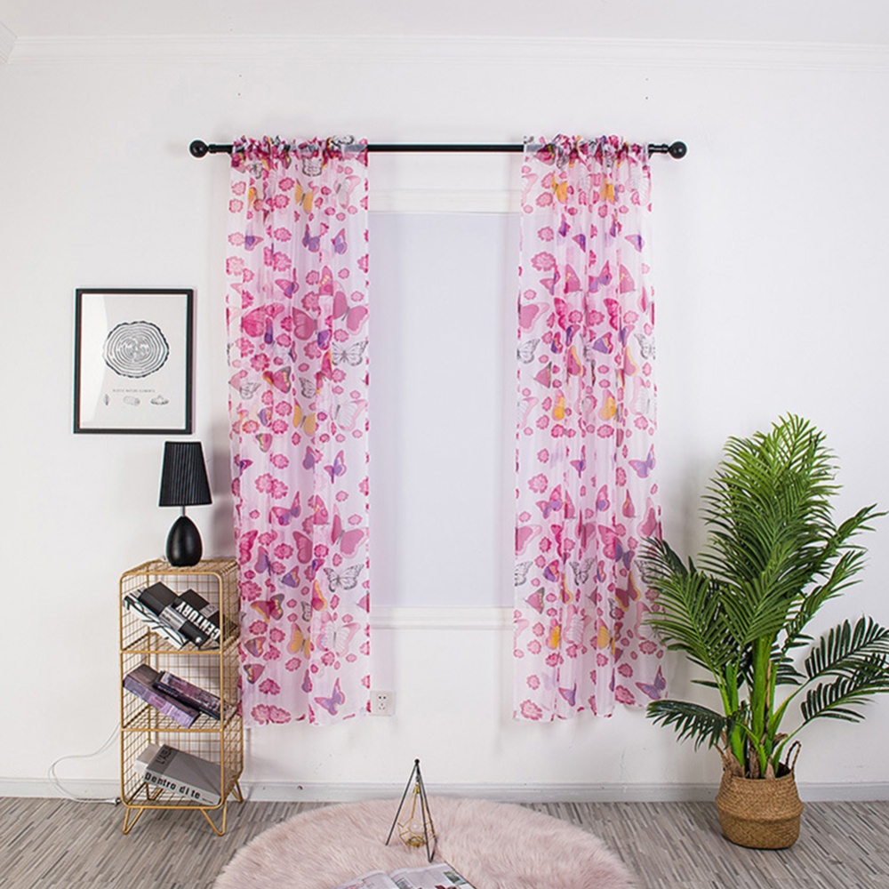 1PC 100*200cm Butterfly Printing Curtain Breathable Transmitting Drapes for Pole Style Rose red_1 * 2 meters high (90G) - Image 3