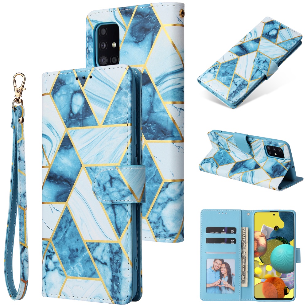 For Samsung A51 5g Mobile Phone Cover Inlay Gold Line Marble Pattern Flip Leather Case blue - Image 2