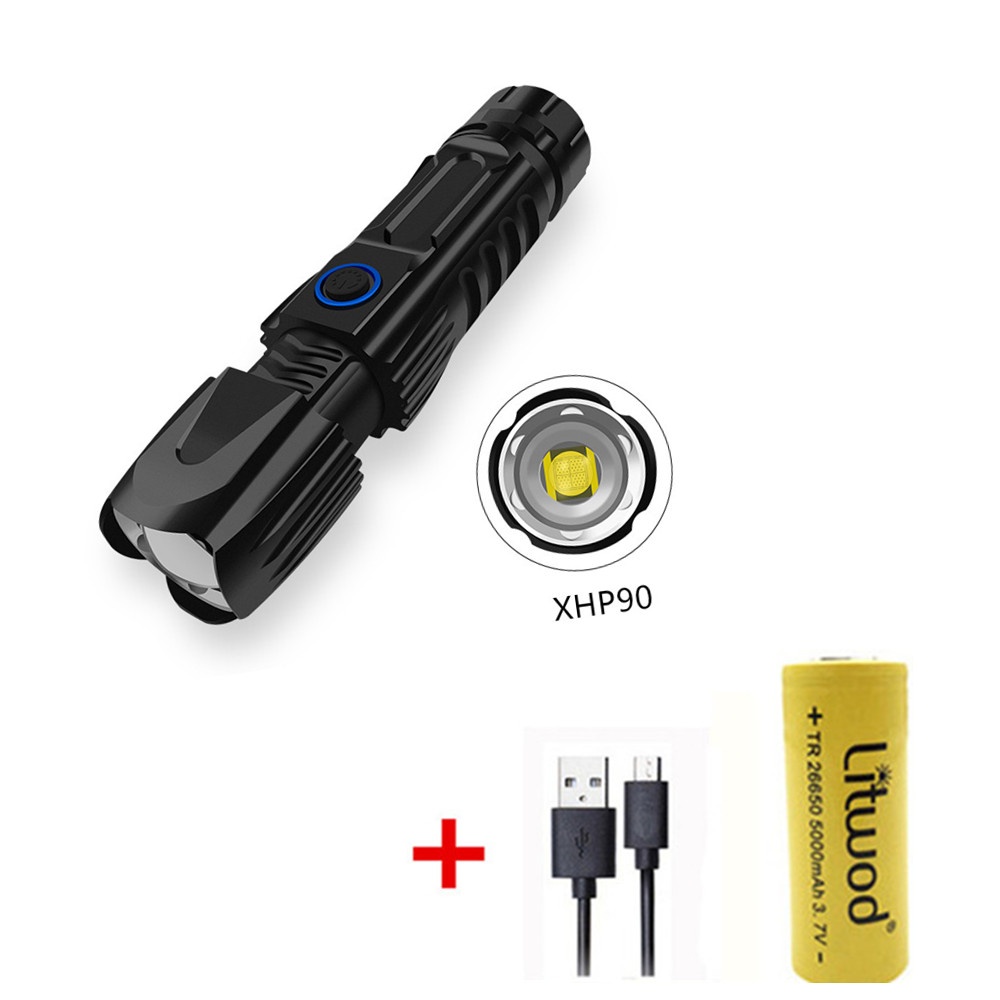 6200LM 5 Modes Adjustable XHP90 Variable Focus Flashlight with Battery black_With 1x26650 battery
