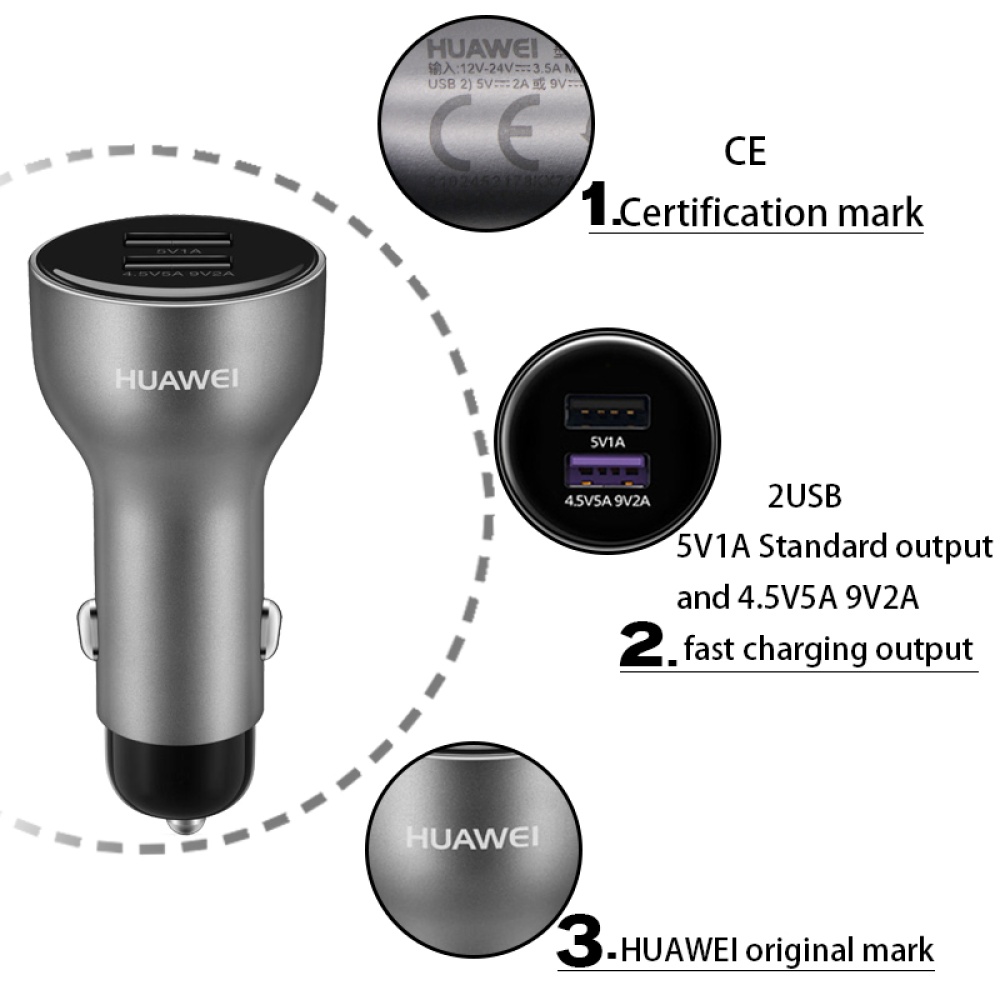 HUAWEI AP38 Supercharge Car Charger 4.5V 5A Max 22.5W Dual USB with Type C Cable - Image 2