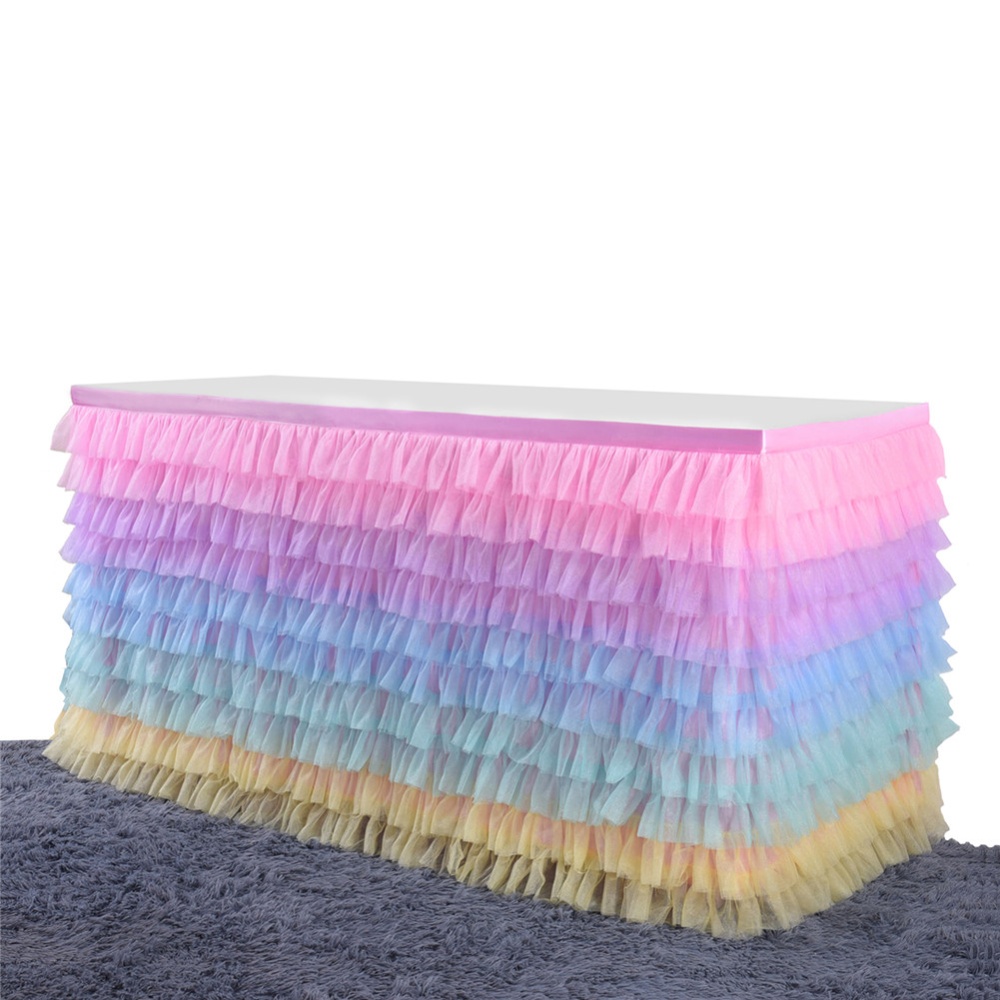 Colorful Mutilayer Tulle Chiffon Table Skirt for Party Wedding Birthday Decoration Rectangle / Round Tables color_9FT*30IN