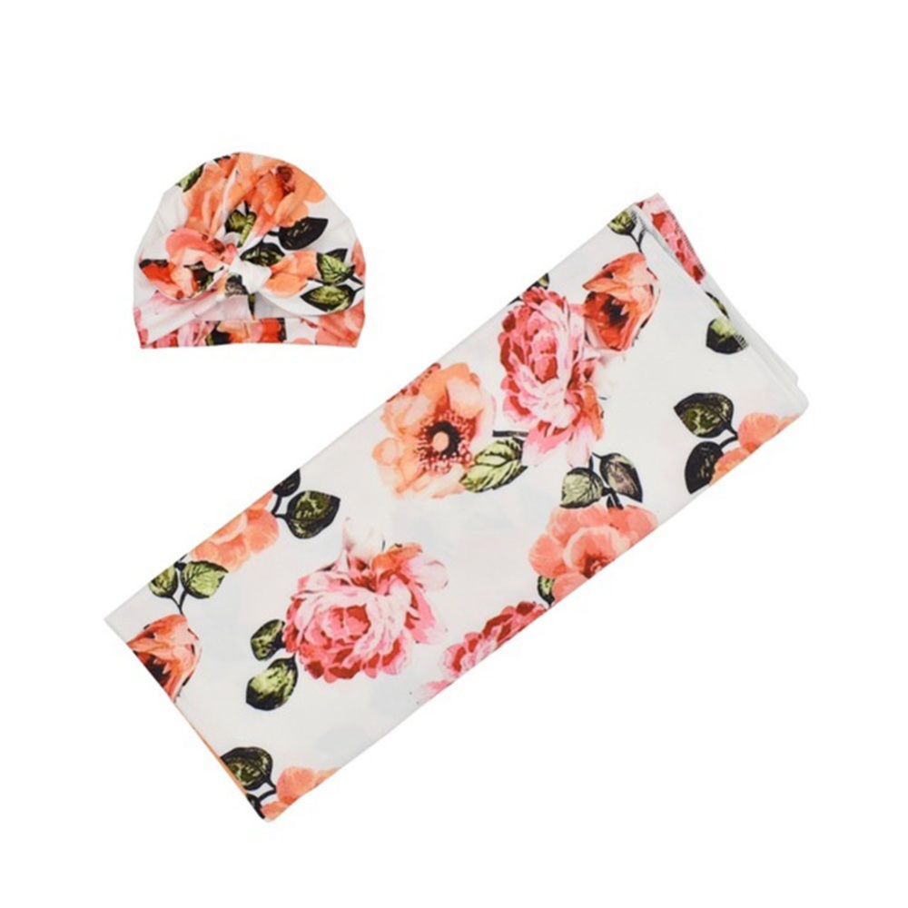 Newborn Photography Blanket Rabbit Ear Cap set Floral Printing Headgear White blankets withorange flowers_80*80 - Image 3