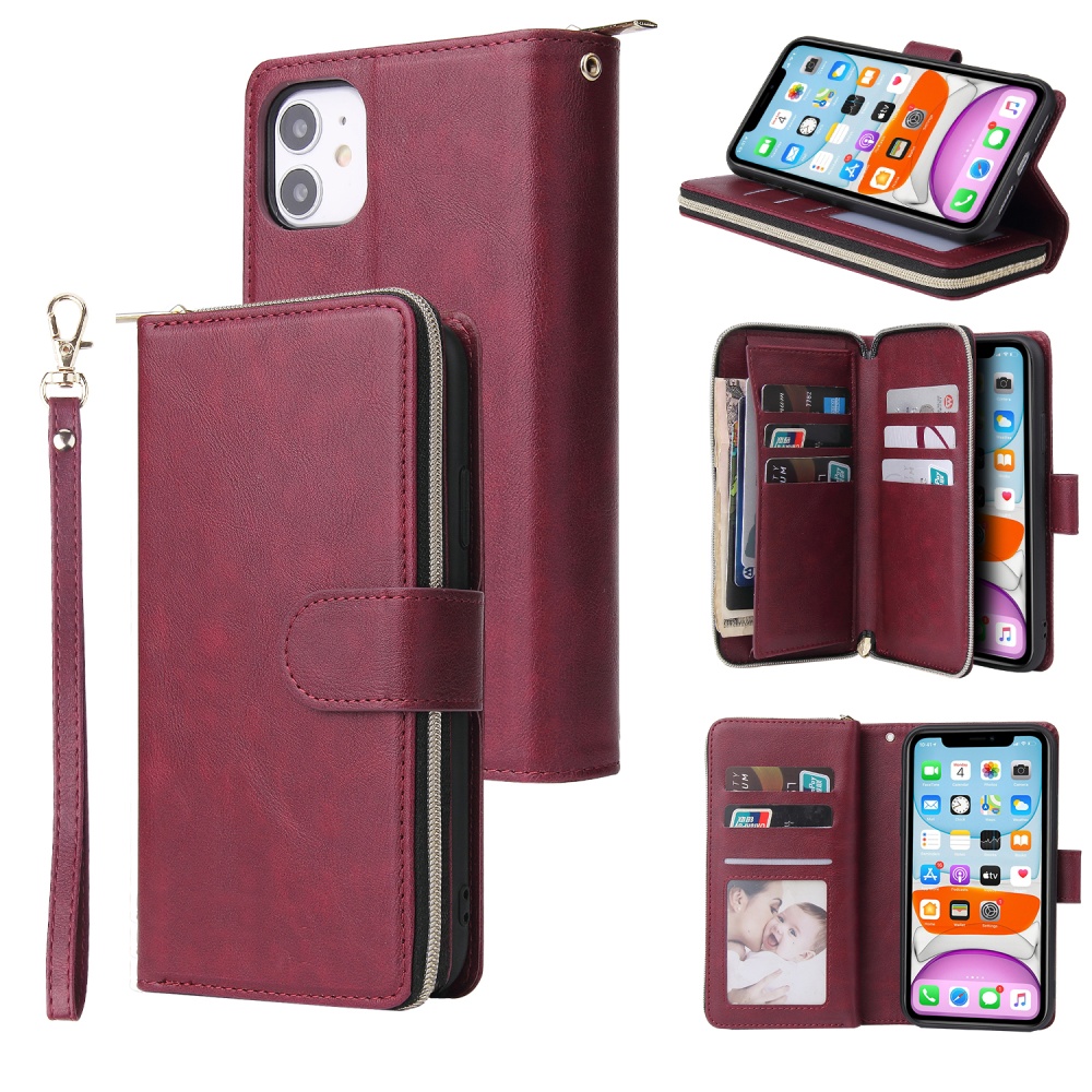 For iphone X/XS/XS MAX/11/11Pro Pu Leather Mobile Phone Cover Zipper Card Bag + Wrist Strap Red wine - Image 2