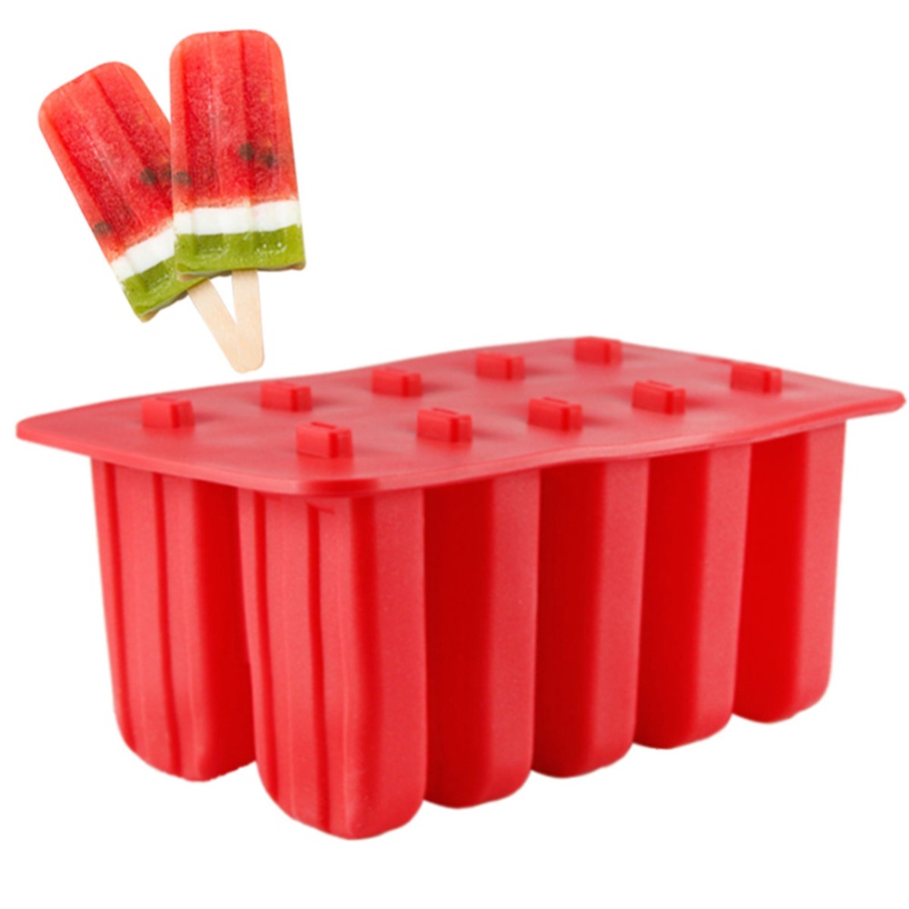 10 Cells Ice Cream Popsicle Frozen Mold Silicone Lolly Maker Mould Tray with Cover Lid red - Image 2