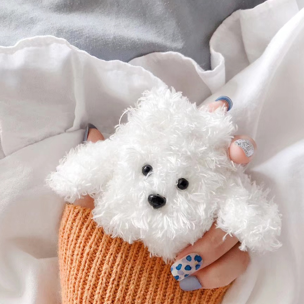 Earphone Storage Case for AirPods Knit Plush Bag Cute Cartoon Teddy Dog Shape Adorable Headphone Protector white