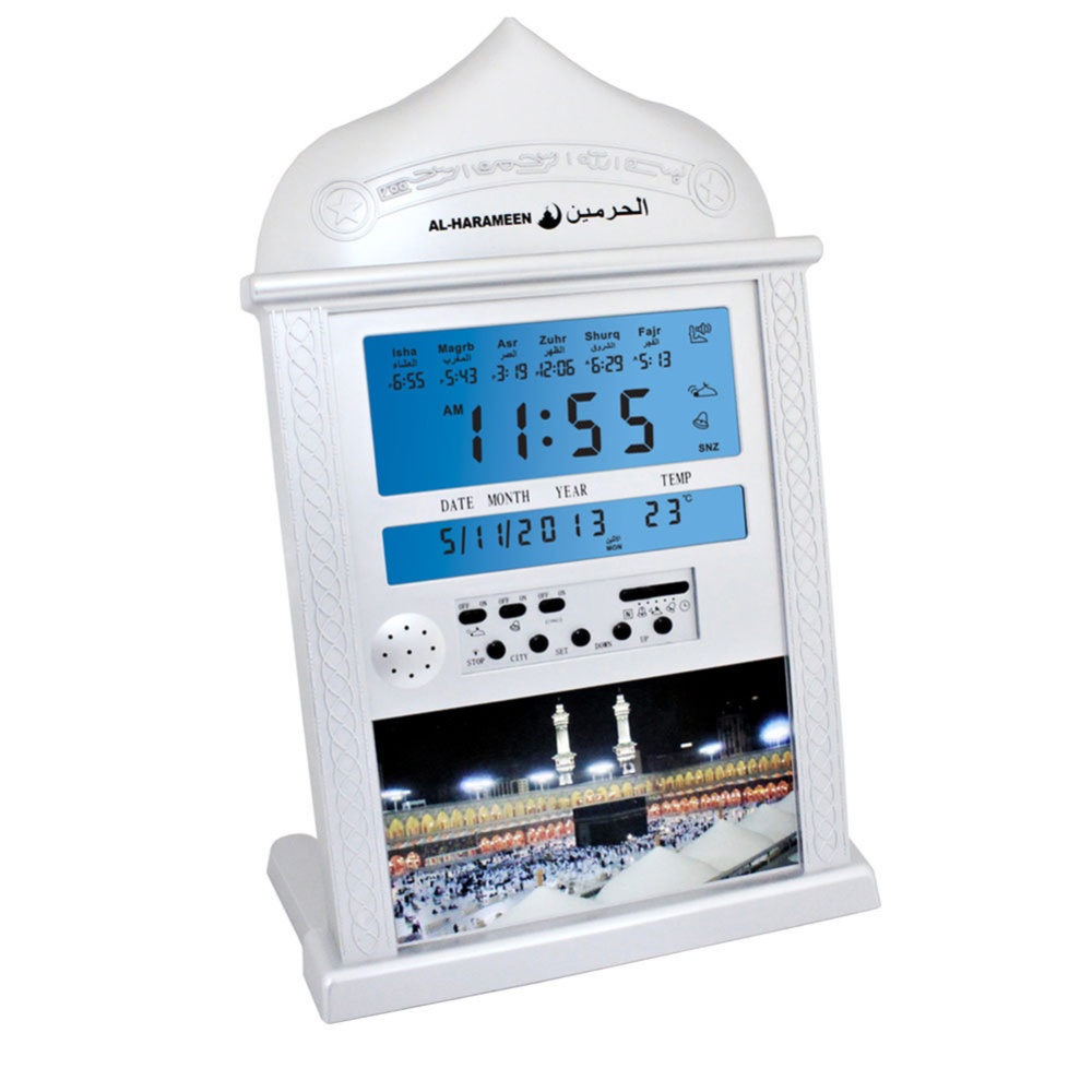 Azan Calendar Muslim Prayer Wall Clock Alarm with LCD Display Home Decor(No Battery) white