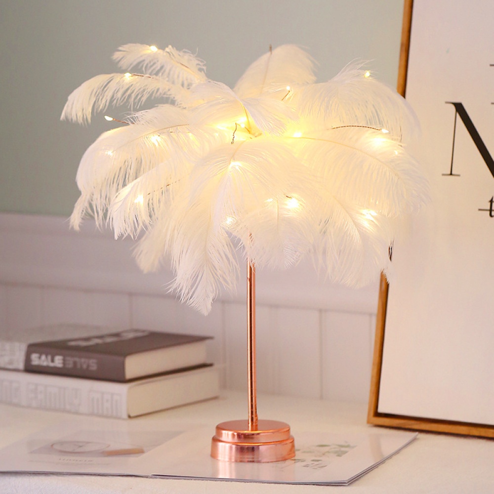 Feather Table Lamp Tree Shape LED Wedding Decorative Girl Bedroom Flashing Light White feather-battery