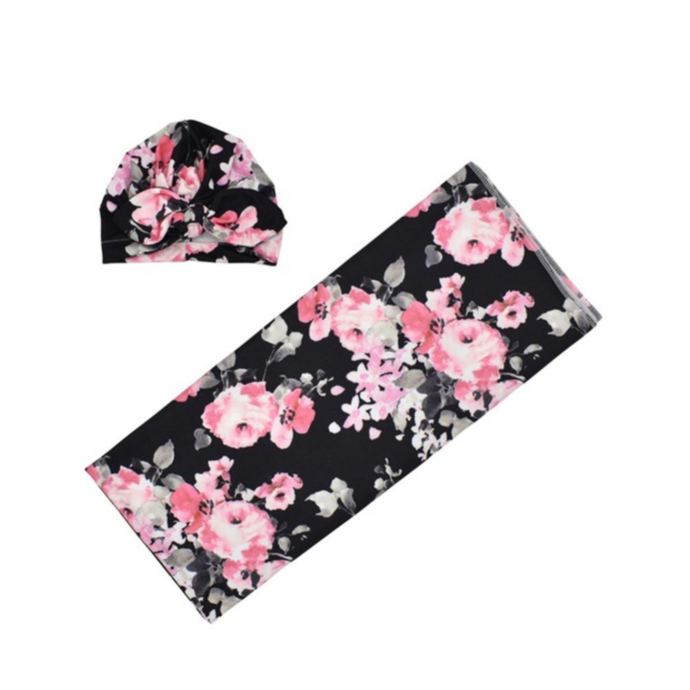 Newborn Photography Blanket Rabbit Ear Cap set Floral Printing Headgear Black blankets with flower_80*80 - Image 3